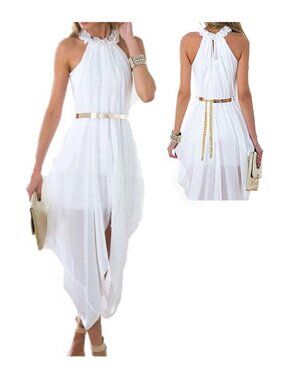 White Sheer Chiffon Hi Low Sleeveless Maxi Dress Gold Belt Size XXL
